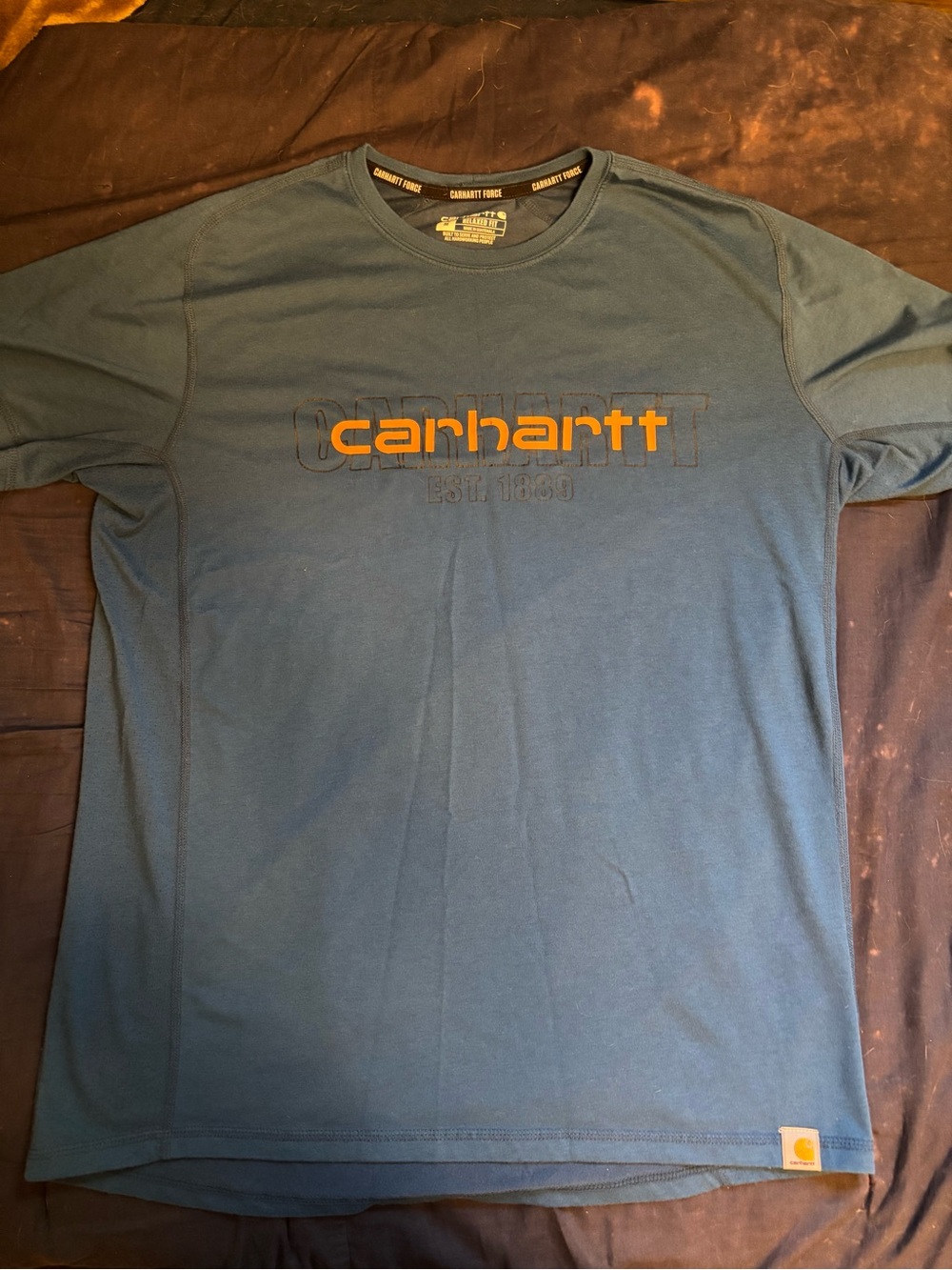 Carhartt Men's Teal Blue Short Sleeve Logo Tee with Orange Accent